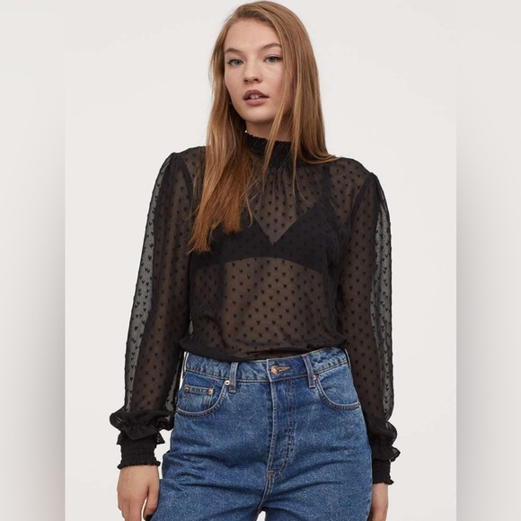 H&M Elegant Sheer Black Chiffon Blouse With Smocking and Textured Hearts Size 2 - Picture 1 of 15